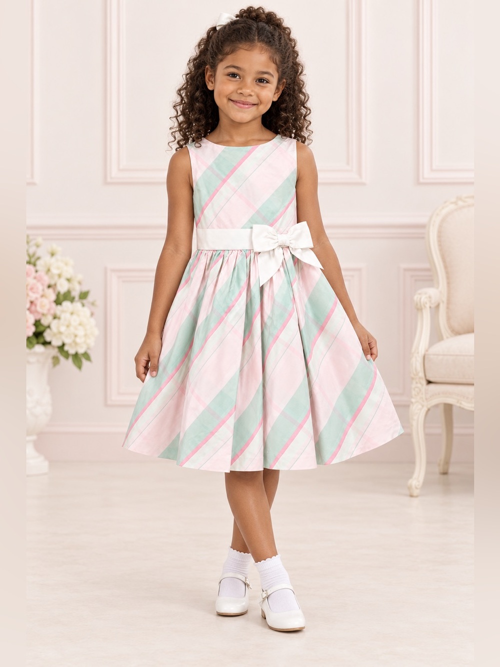 Janie and Jack Pink, Mint & White Striped Bow Dress
